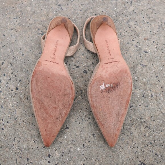Manolo Blahnik Slingback Mules IT 36.5 Beige Linen Heel SATC Carrie Bradshaw - Picture 8 of 9